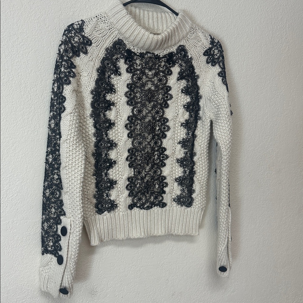 ZARA womans Cream Cable Knit Sweater with Black Lace Appliqué size S - Picture 3 of 4